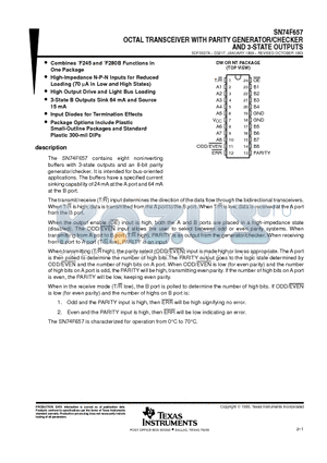 SN74F657NT datasheet - OCTAL TRANSCEIVER WITH PARITY GENERATOR/CHECKER AND 3-STATE OUTPUTS