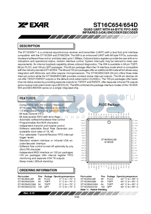 ST16C654D datasheet - QUAD UART WITH 64-BYTE FIFO AND INFRARED (IrDA) ENCODER/DECODER