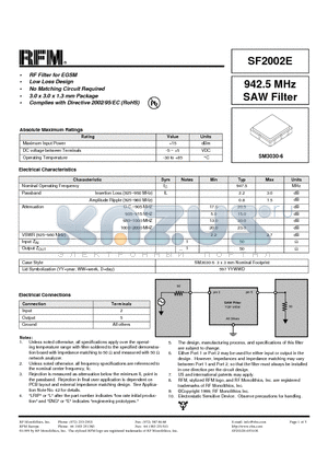 SF2002E datasheet - 942.5 MHz SAW Filter