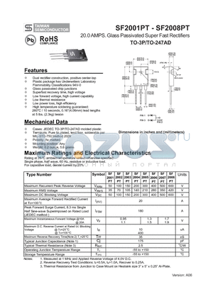 SF2001PT datasheet - 20.0 AMPS. Glass Passivated Super Fast Rectifiers