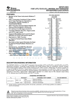 SN74GTL16616DLG4 datasheet - 17-BIT LVTTL-TO-GTL/GTL UNIVERSAL BUS TRANSCEIVER WITH BUFFERED CLOCK OUTPUTS