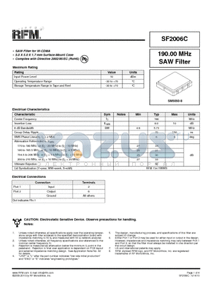 SF2006C datasheet - 190.00 MHz SAW Filter