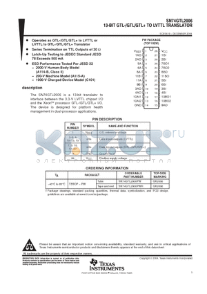 SN74GTL2006PW datasheet - 13-BIT GTL-/GTL/GTL TO LVTTL TRANSLATOR