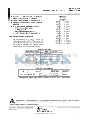 SN74GTL2007PWRG4 datasheet - 12-BIT GTL-/GTL/GTL TO LVTTL TRANSLATOR