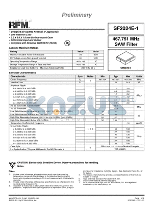 SF2024E-1 datasheet - 467.751 MHz SAW Filter