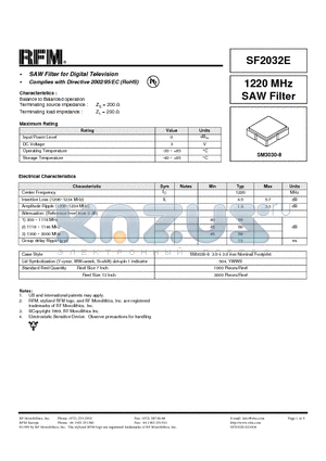SF2032E datasheet - 1220 MHz SAW Filter