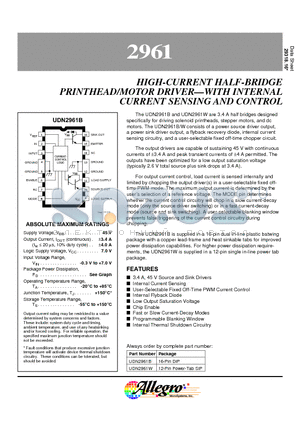 UDN2961B datasheet - HIGH-CURRENT HALF-BRIDGE PRINTHEAD/MOTOR DRIVER.WITH INTERNAL CURRENT SENSING AND CONTROL