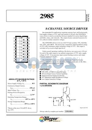 UDN2985A datasheet - 8-CHANNEL SOURCE DRIVER