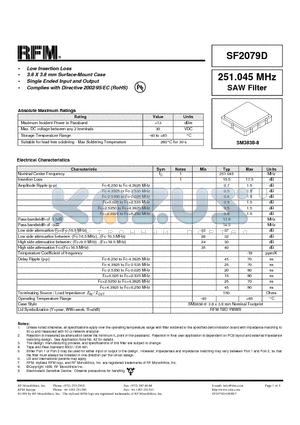 SF2079D datasheet - 251.045 MHz SAW Filter