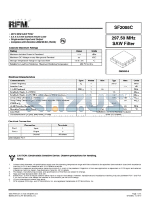 SF2088C datasheet - 297.50 MHz SAW Filter