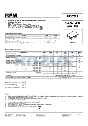 SF2073B datasheet - 456.00 MHz SAW Filter