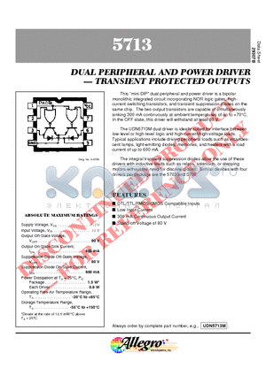 UDN5713 datasheet - DUAL PERIPHERAL AND POWER DRIVER  TRANSIENT PROTECTED OUTPUTS