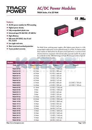 TMLM05112 datasheet - AC/DC Power Modules TMLM Series, 4 to 20 Watt