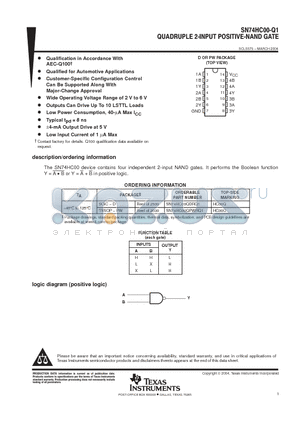 SN74HC00QDRQ1 datasheet - QUADRUPLE 2-INPUT POSITIVE-NAND GATE