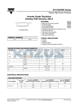ST173C12CHK1P datasheet - Inverter Grade Thyristors (Hockey PUK Version), 330 A
