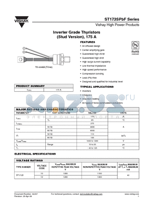 ST173S12MFK1LPBF datasheet - Inverter Grade Thyristors (Stud Version), 175 A