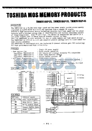 TMM2018AP-25 datasheet - 16,384 bits high speed and low power static random access memory organized as 2,048 words by 8 bits and operates from a single 5V supply