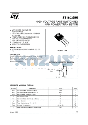 ST1803DHI datasheet - HIGH VOLTAGE FAST-SWITCHING NPN POWER TRANSISTOR