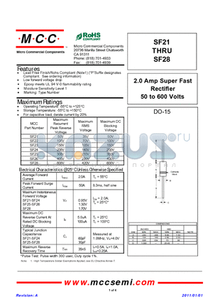 SF21 datasheet - 2.0 Amp Super Fast Rectifier 50 to 600 Volts