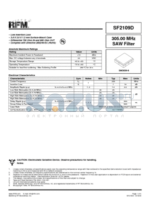 SF2109D datasheet - 305.00 MHz SAW Filter