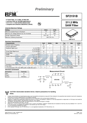 SF2151B datasheet - 211.2 MHz SAW Filter