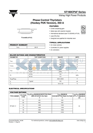 ST180C20C1LPBF datasheet - Phase Control Thyristors (Hockey PUK Version), 350 A