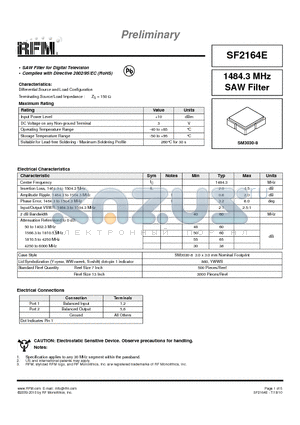 SF2164E datasheet - 1484.3 MHz SAW Filter