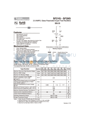 SF21G datasheet - 2.0 AMPS. Glass Passivated Super Fast Rectifiers
