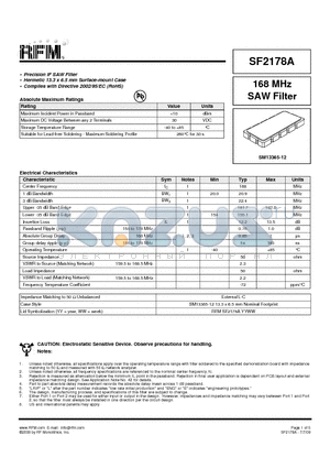 SF2178A datasheet - 168 MHz SAW Filter