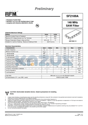 SF2189A datasheet - 140 MHz SAW Filter