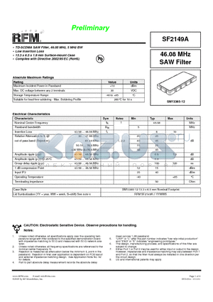 SF2149A datasheet - TD-SCDMA SAW Filter, 46.08 MHz, 5 MHz BW