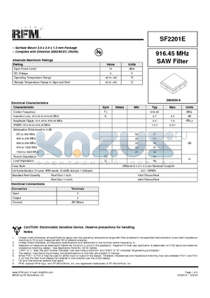 SF2201E datasheet - 916.45 MHz SAW Filter