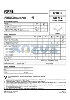 SF2204E datasheet - 1900 MHz SAW Filter