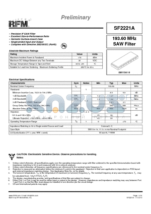 SF2221A datasheet - 193.60 MHz SAW Filter