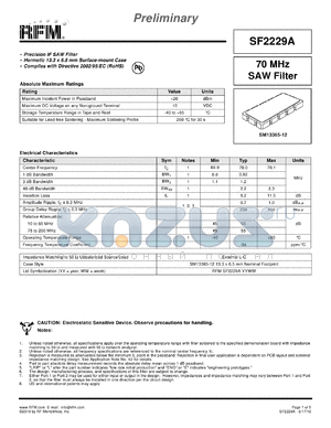 SF2229A datasheet - Precision IF SAW Filter