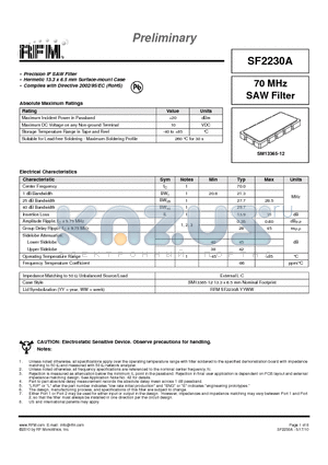 SF2230A datasheet - Precision IF SAW Filter