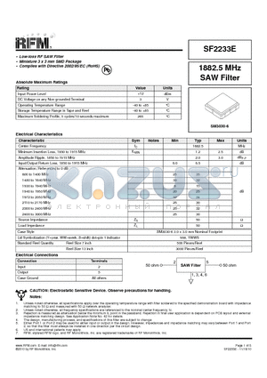 SF2233E datasheet - 1882.5 MHz SAW Filter