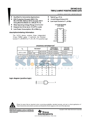 SN74HC10-Q1 datasheet - TRIPLE 3-INPUT POSITIVE-NAND GATE