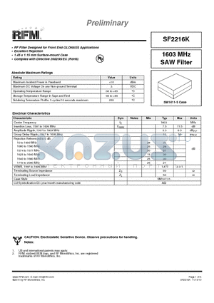 SF2216K datasheet - 1603 MHz SAW Filter