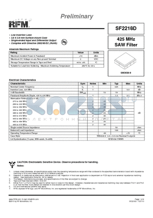 SF2218D datasheet - 425 MHz SAW Filter