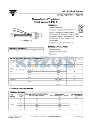 ST180S20P0PBF datasheet - Phase Control Thyristors (Stud Version), 200 A