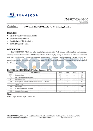 TMP057-059-32-36 datasheet - 5 W GaAs PA PCB Module for 5.8 GHz Application