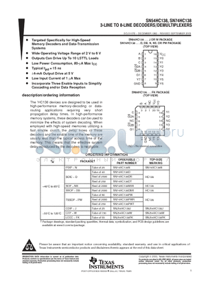 SN74HC138DE4 datasheet - 3-LINE TO 8-LINE DECODERS/DEMULTIPLEXERS