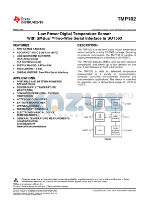 TMP102AIDRLR datasheet - Low Power Digital Temperature Sensor With SMBusTM,Two-Wire Serial Interface in SOT563