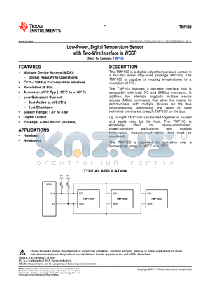 TMP103AYFFT datasheet - Low-Power, Digital Temperature Sensor with Two-Wire Interface in WCSP