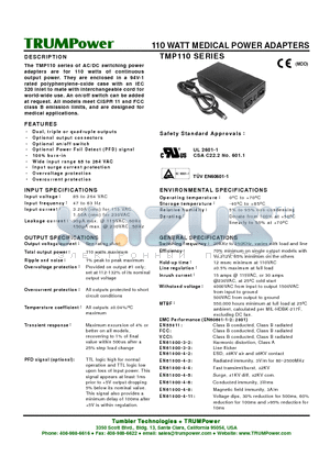 TMP110-T32 datasheet - 110 WATT MEDICAL POWER ADAPTERS