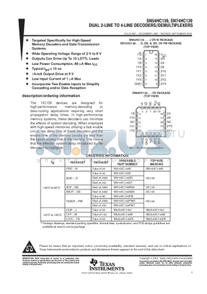 SN74HC139DBRE4 datasheet - DUAL 2-LINE TO 4-LINE DECODERS/DEMULTIPLEXERS