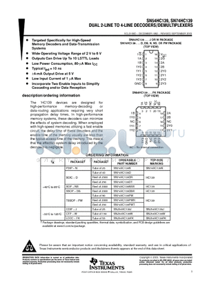 SN74HC139DRG4 datasheet - DUAL 2-LINE TO 4-LINE DECODERS/DEMULTIPLEXERS