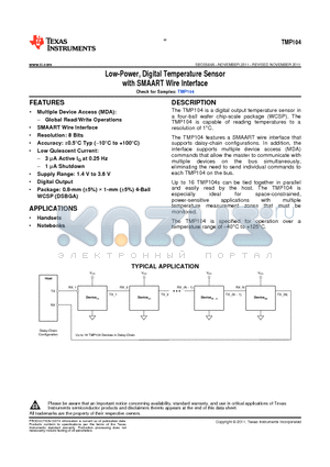 TMP104YFFT datasheet - Low-Power, Digital Temperature Sensor with SMAART Wire Interface