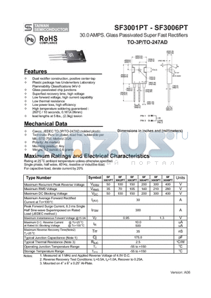 SF3001PT datasheet - 30.0 AMPS. Glass Passivated Super Fast Rectifiers